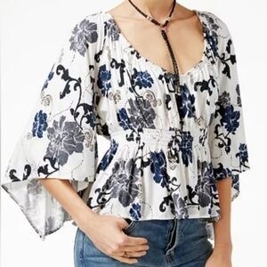 Free People Blue and Black Floral Blouse